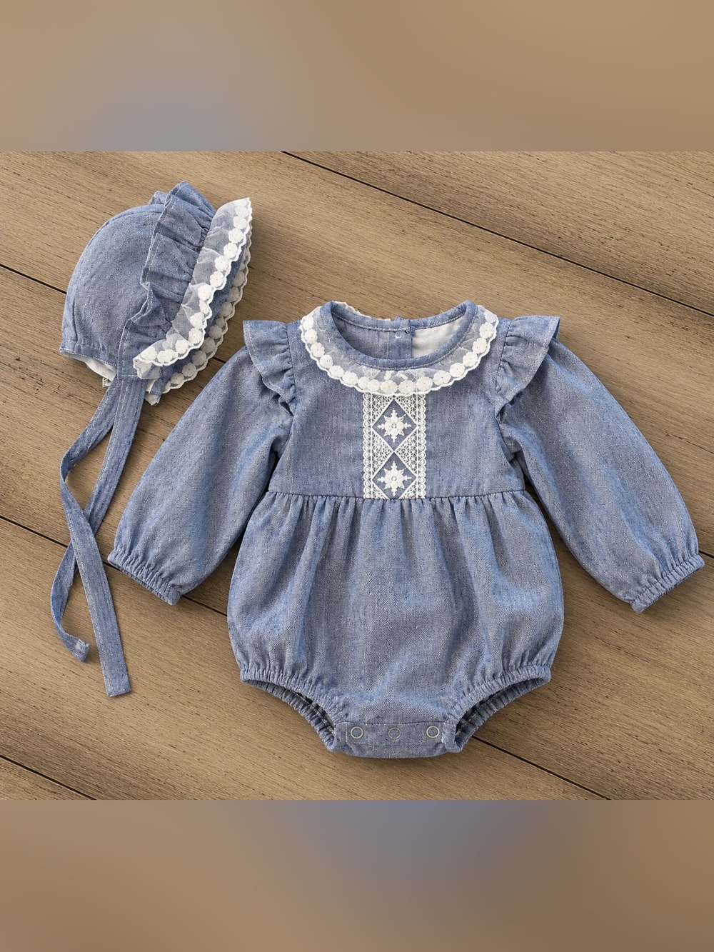 Baby 2 Pc Romper & Bonnet Set Gray Lace Long Sleeve 6 Months Boutique